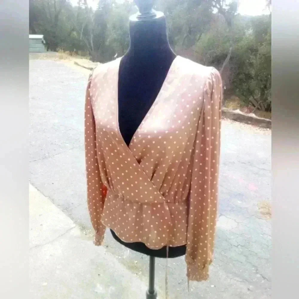 GUESS Silky Peplum Polka Dot Wrap Top